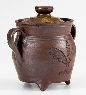 Exceptional Chester Webster, Randolph County, NC, Stoneware Sugar Bowl w/ Incised Bird and Insect Decoration