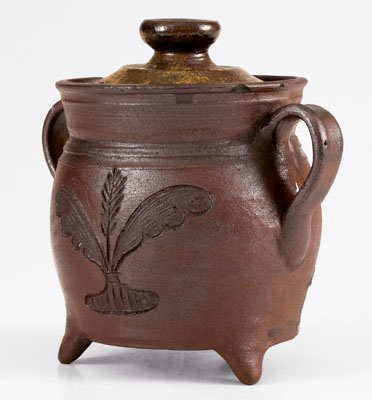 Exceptional Chester Webster, Randolph County, NC, Stoneware Sugar Bowl w/ Incised Bird and Insect Decoration