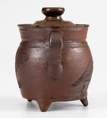 Exceptional Chester Webster, Randolph County, NC, Stoneware Sugar Bowl w/ Incised Bird and Insect Decoration