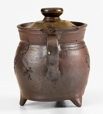 Exceptional Chester Webster, Randolph County, NC, Stoneware Sugar Bowl w/ Incised Bird and Insect Decoration