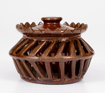 Rare and Fine Pierced Pennsylvania Redware Sugar Bowl, 19th century