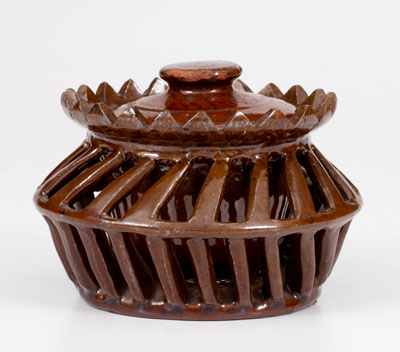 Rare and Fine Pierced Pennsylvania Redware Sugar Bowl, 19th century