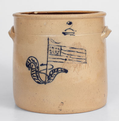 Rare Midwestern Stoneware Crock w/ Incised American Flag Decoration