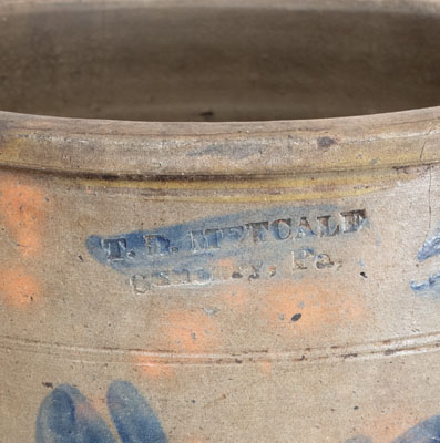 Rare T. D. METCALF / SUNBURY, PA 5 Gal. Stoneware Crock w/ Floral Decoration