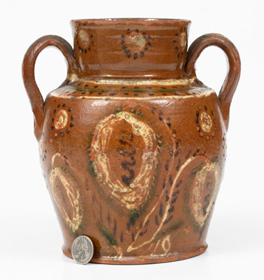 Exceptional Redware Vase w/ Profuse Three-Color Slip Floral Decoration, PA or MD origin