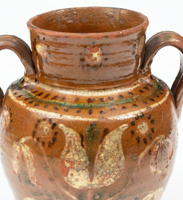Exceptional Redware Vase w/ Profuse Three-Color Slip Floral Decoration, PA or MD origin