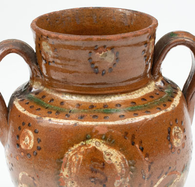 Exceptional Redware Vase w/ Profuse Three-Color Slip Floral Decoration, PA or MD origin