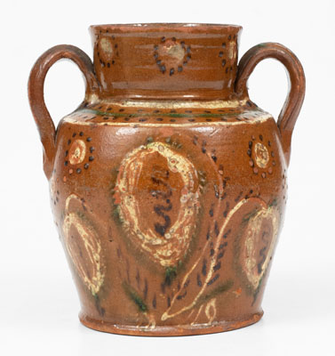 Exceptional Redware Vase w/ Profuse Three-Color Slip Floral Decoration, PA or MD origin