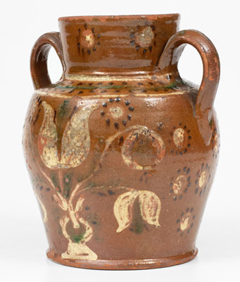 Exceptional Redware Vase w/ Profuse Three-Color Slip Floral Decoration, PA or MD origin