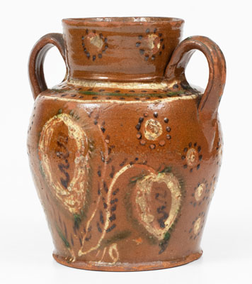 Exceptional Redware Vase w/ Profuse Three-Color Slip Floral Decoration, PA or MD origin