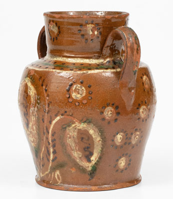Exceptional Redware Vase w/ Profuse Three-Color Slip Floral Decoration, PA or MD origin