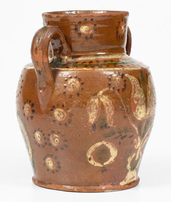 Exceptional Redware Vase w/ Profuse Three-Color Slip Floral Decoration, PA or MD origin
