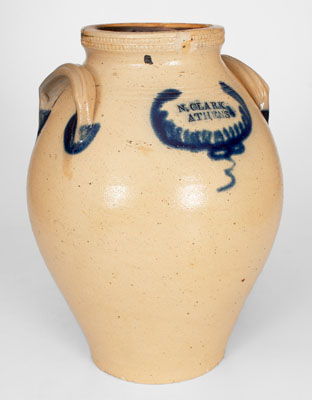 N. CLARK / ATHENS Stoneware Jar w/ Coggled and Brushed Cobalt Decoration, c1830