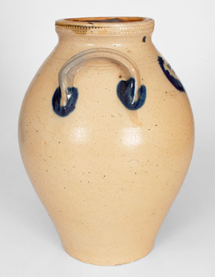 N. CLARK / ATHENS Stoneware Jar w/ Coggled and Brushed Cobalt Decoration, c1830