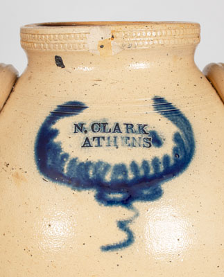 N. CLARK / ATHENS Stoneware Jar w/ Coggled and Brushed Cobalt Decoration, c1830