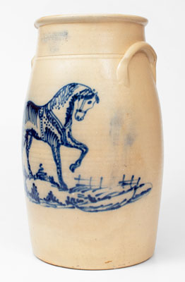Extraordinary J. & E. NORTON / BENNINGTON, VT Stoneware Churn w/ Elaborate Cobalt Horse Decoration