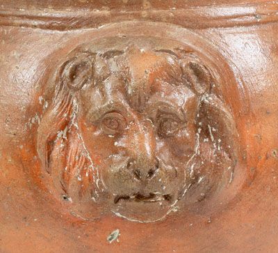 Rare Large-Sized Stoneware Urn w/ Applied Lion s Heads, possibly Thomas Family, Huntingdon County, PA