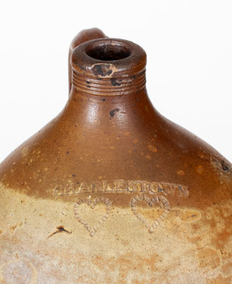 CHARLESTOWN, MA Stoneware Jug w/ Impressed Hearts and Iron-Oxide Dip, c1815