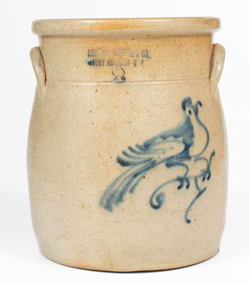 2 Gal. HAXSTUN, OTTMAN & CO. / FORT EDWARD, NY Stoneware Jar w/ Bird Decoration