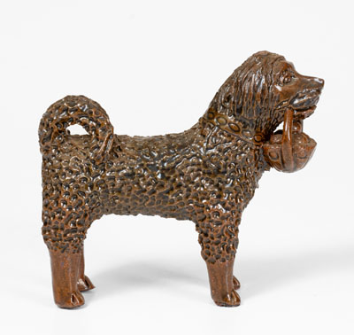 Pennsylvania Redware Standing Dog w/ Basket Figure, possibly Bell Family, Waynesboro, c1850-80