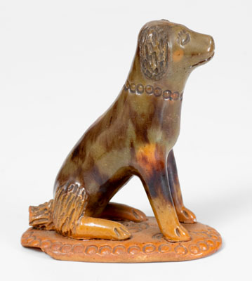 Pennsylvania Redware Seated Dog Figure w/ Floral-Impressed Base, possibly Adams County