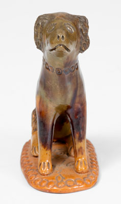 Pennsylvania Redware Seated Dog Figure w/ Floral-Impressed Base, possibly Adams County