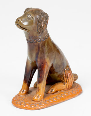 Pennsylvania Redware Seated Dog Figure w/ Floral-Impressed Base, possibly Adams County