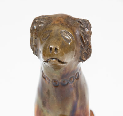 Pennsylvania Redware Seated Dog Figure w/ Floral-Impressed Base, possibly Adams County