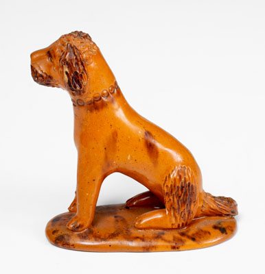 Pennsylvania Redware Seated Dog Figure w/ Manganese Accents, c1850-80