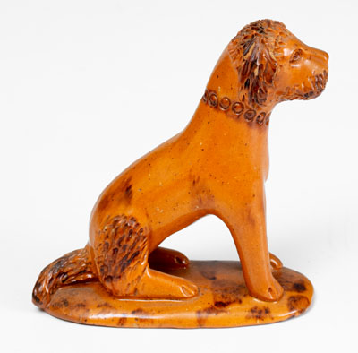 Pennsylvania Redware Seated Dog Figure w/ Manganese Accents, c1850-80