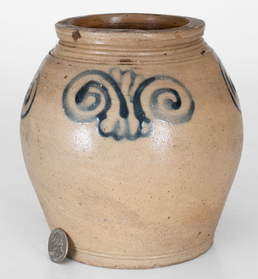 Very Rare Small-Sized Ovoid Stoneware Jar w/ Watchspring Decoration, Manhattan, 18th century