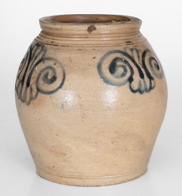 Very Rare Small-Sized Ovoid Stoneware Jar w/ Watchspring Decoration, Manhattan, 18th century