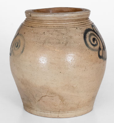 Very Rare Small-Sized Ovoid Stoneware Jar w/ Watchspring Decoration, Manhattan, 18th century