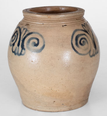 Very Rare Small-Sized Ovoid Stoneware Jar w/ Watchspring Decoration, Manhattan, 18th century