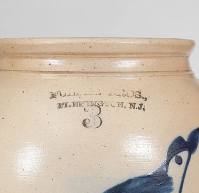 3 Gal. FULPER BROS. / FLEMINGTON, NJ Stoneware Jar w/ Cobalt Bird Decoration, 1881-98