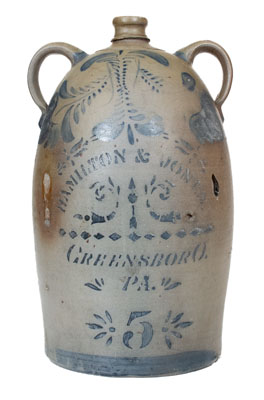 5 Gal. HAMILTON & JONES / GREENSBORO, PA Double-Handled Stoneware Jug w/ Freehand Decoration