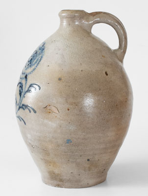 Attrib. Howe & Clark, Athens, New York Stoneware Jug w/ Elaborate Slip-Trailed Floral Decoration, c1805-13