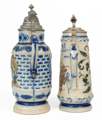 Lot of Two: Whites Utica Molded Stoneware Tankard Pitcher and Mug w/ Three-Color Decoration