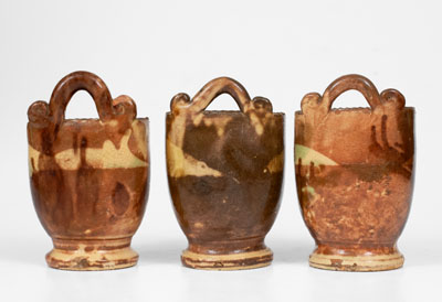 Lot of Three: Rare Matching Shenandoah Multi-Glazed Redware Wall Pockets, Strasburg, VA, c1890