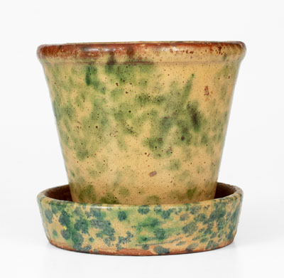 Unusual Redware Flowerpot and Saucer with Sponged Copper and Cobalt Decoration