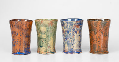 Lot of Four: Incised Redware Cups, Moravian Pottery and Tile Works, Doylestown, PA