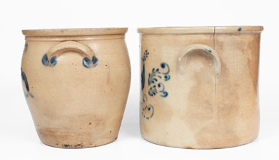 Lot of Two: I. SEYMOUR / TROY Peacock Crock, F. H. COWDEN / HARRISBURG, PA Stoneware Jar