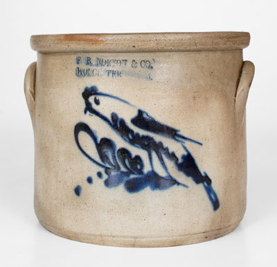 F. B. NORTON & CO. / WORCESTER, MASS. Stoneware Crock w/ Cobalt Parrot Decoration