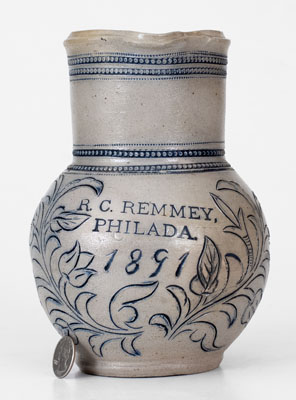 Extremely Rare and Important Small-Sized R. C. REMMEY / PHILADA. Stoneware Pitcher w/ Incised Decoration