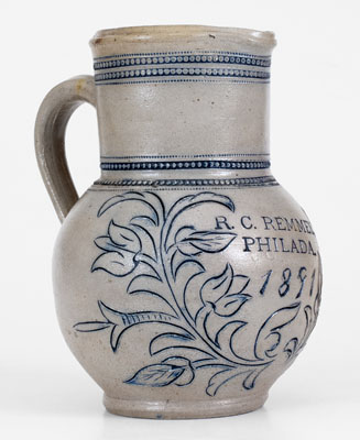 Extremely Rare and Important Small-Sized R. C. REMMEY / PHILADA. Stoneware Pitcher w/ Incised Decoration