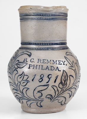 Extremely Rare and Important Small-Sized R. C. REMMEY / PHILADA. Stoneware Pitcher w/ Incised Decoration