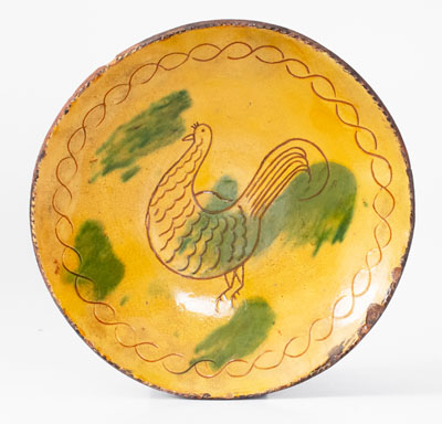 Very Rare Philadelphia Redware Charger w/ Sgraffito Rooster Decoration, 18th century
