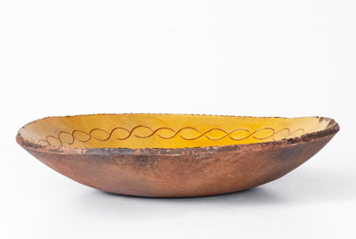 Very Rare Philadelphia Redware Charger w/ Sgraffito Rooster Decoration, 18th century