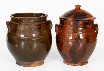 Lot of Two: Norwalk, Connecticut Redware Jars incl. Lidded Example, c1840