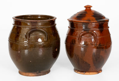 Lot of Two: Norwalk, Connecticut Redware Jars incl. Lidded Example, c1840